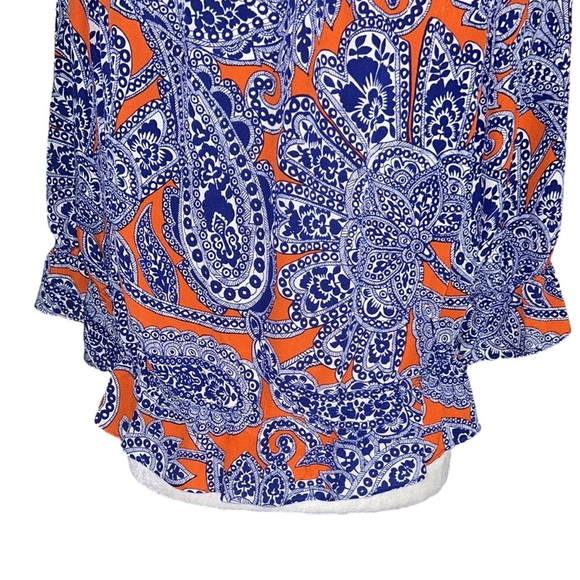 Trina Turk Silk Navy Blue & Orange Paisley Printed Cutout Ruffle Blouse - S - Picture 8 of 11